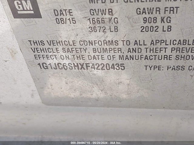 Chevrolet Sonic Lt Auto 2015 1G1JC6SHXF4220435 Image 9