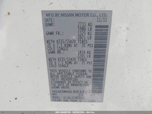 Nissan Pathfinder Platinum 2016 5N1AR2MN4GC603422 Image 9