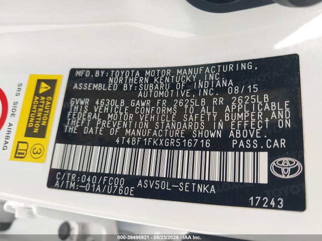 Toyota CAMRY LE 2016 4T4BF1FKXGR516716 Image 9