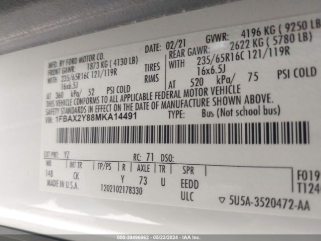 1FBAX2Y88MKA14491 Ford Transit-350 Passenger Van Xlt