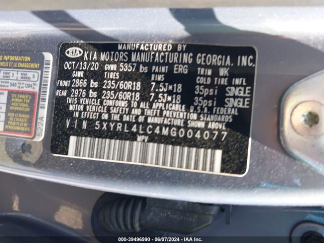 5XYRL4LC4MG004077 KIA SORENTO S