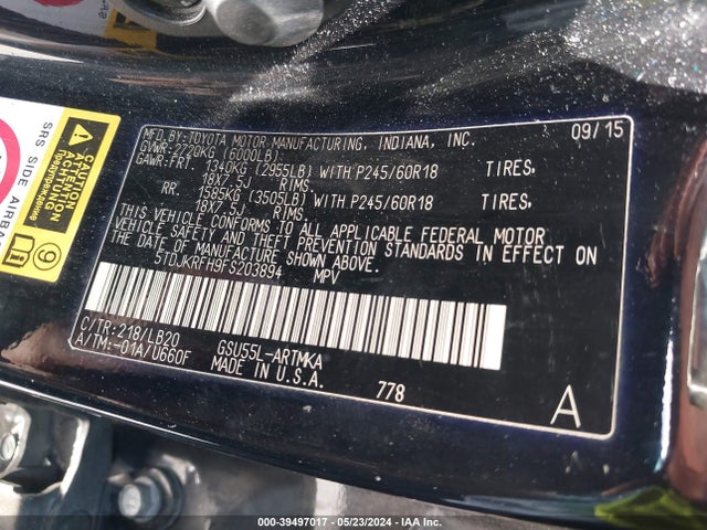 Toyota Highlander Xle V6 2015 5TDJKRFH9FS203894 Image 9