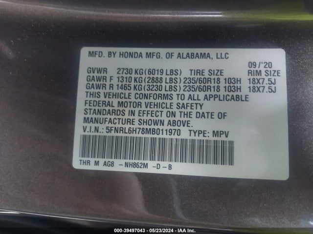 Honda Odyssey Ex-l 2021 5FNRL6H78MB011970 Image 9