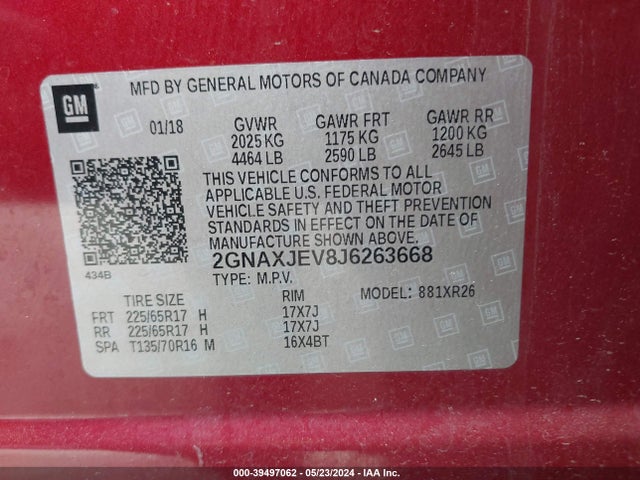 Chevrolet EQUINOX LT 2018 2GNAXJEV8J6263668 Image 9