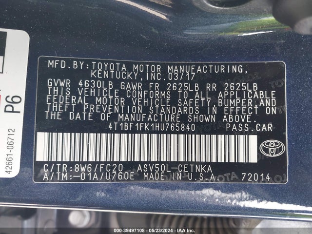 Toyota CAMRY LE 2017 4T1BF1FK1HU765840 Image 9