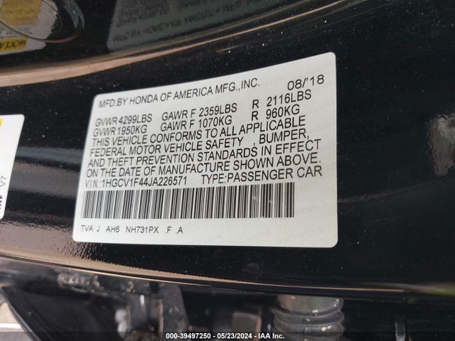 Honda ACCORD EX 2018 1HGCV1F44JA226571 Image 9