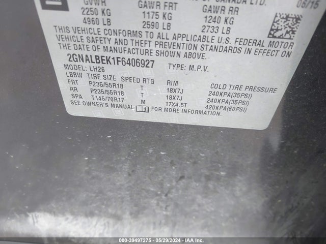 Chevrolet EQUINOX 1LT 2015 2GNALBEK1F6406927 Image 9
