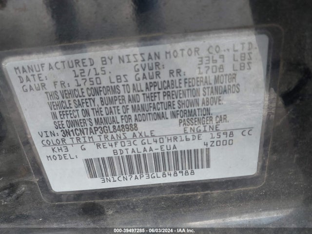 Nissan Versa 1.6 S 2016 3N1CN7AP3GL848988 Image 9