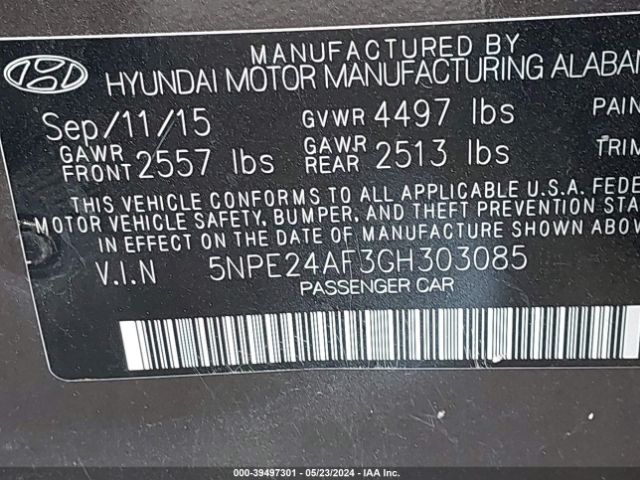 5NPE24AF3GH303085 Hyundai SONATA SE
