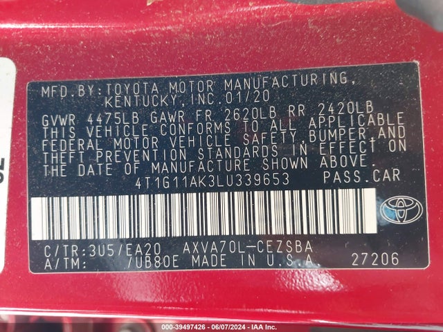 Toyota CAMRY SE 2020 4T1G11AK3LU339653 Image 9