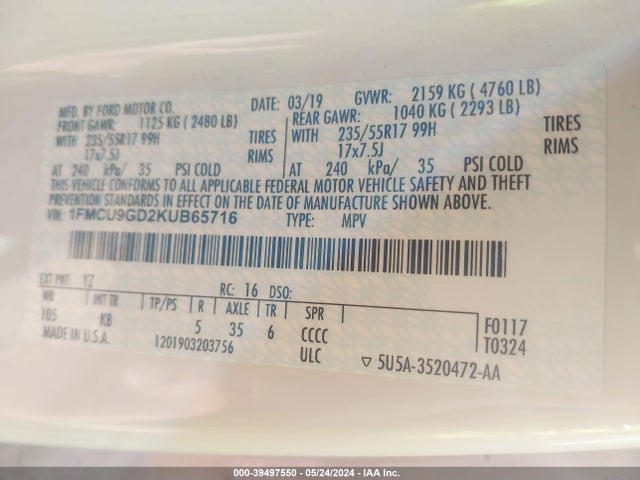 Ford ESCAPE SE 2019 1FMCU9GD2KUB65716 Image 9