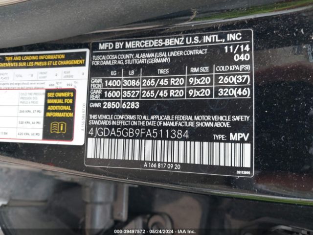 4JGDA5GB9FA511384 Mercedes-Benz Ml 400 4matic