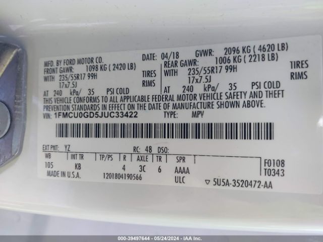 1FMCU0GD5JUC33422 Ford ESCAPE SE