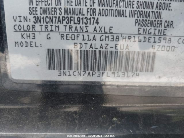 3N1CN7AP3FL913174 Nissan Versa 1.6 S+