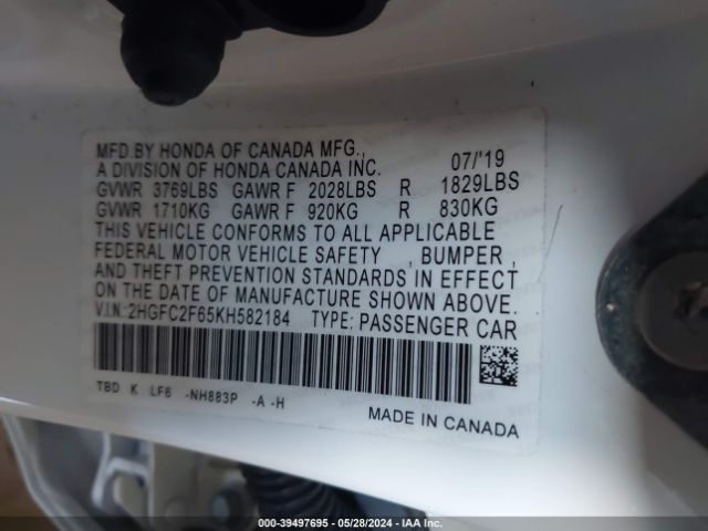 2HGFC2F65KH582184 Honda Civic Lx
