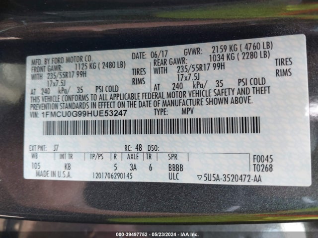 Ford ESCAPE SE 2017 1FMCU0G99HUE53247 Image 9