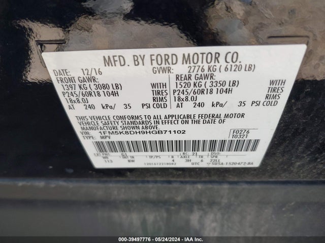 Ford EXPLORER XLT 2017 1FM5K8DH9HGB71102 Image 9