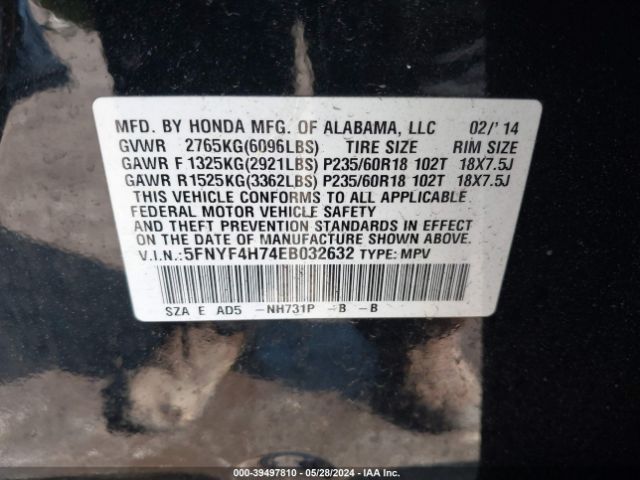 5FNYF4H74EB032632 Honda Pilot Ex-l