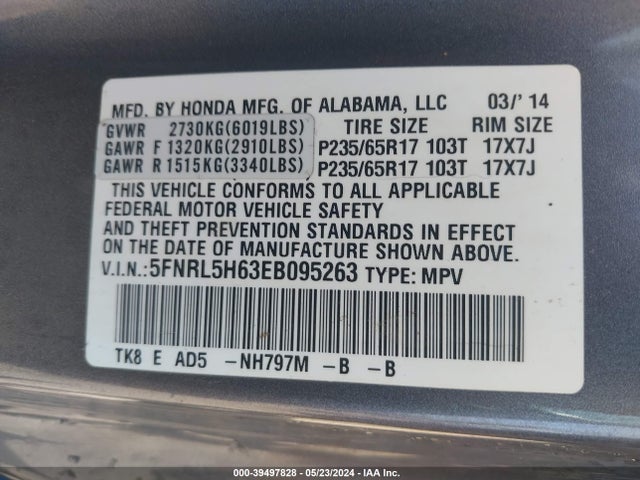 Honda Odyssey Ex-l 2014 5FNRL5H63EB095263 Image 9
