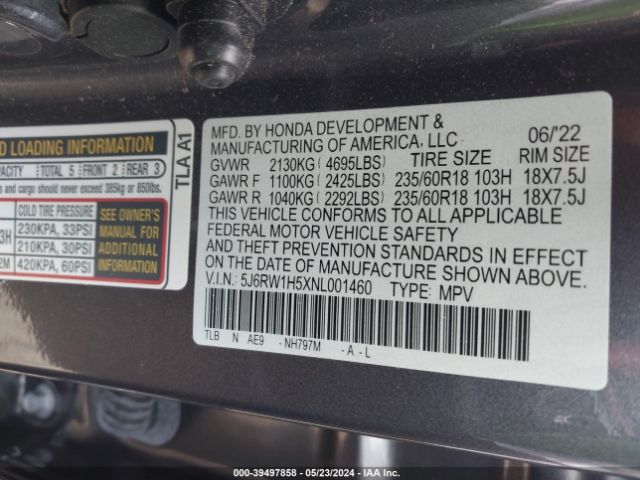 5J6RW1H5XNL001460 Honda Cr-v 2wd Ex