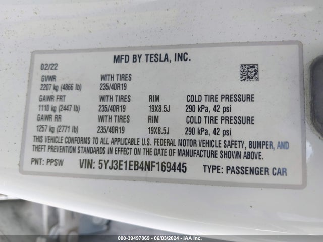 2022 TESLA MODEL 3 5YJ3E1EB4NF169445 Photo 8