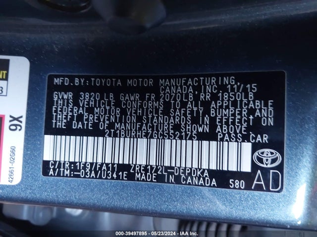 Toyota COROLLA L 2016 2T1BURHE7GC552175 Image 9