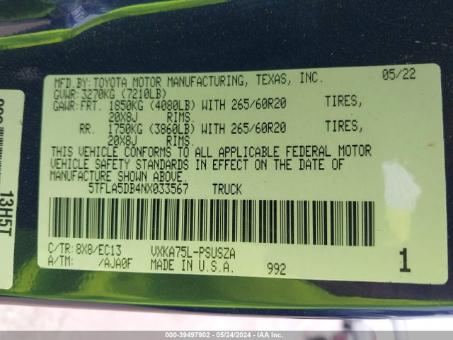 Toyota Tundra Sr5 2022 5TFLA5DB4NX033567 Image 9