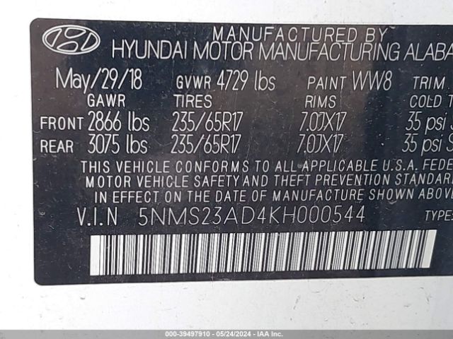 5NMS23AD4KH000544 Hyundai Santa Fe Se