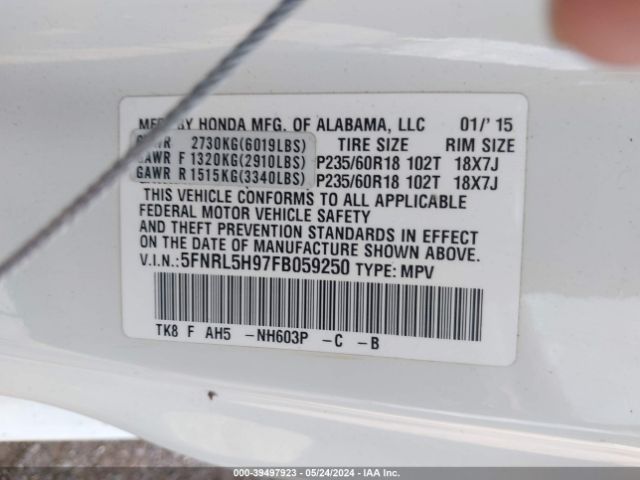5FNRL5H97FB059250 Honda Odyssey Touring/touring Elite