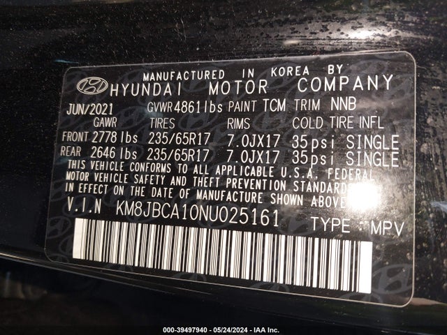KM8JBCA10NU025161 Hyundai Tucson Hybrid Blue