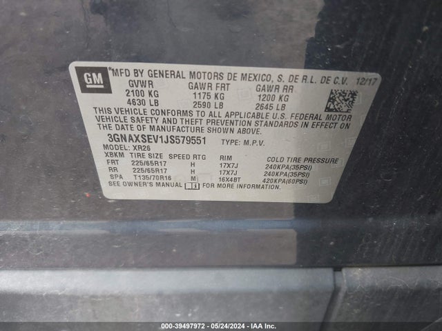 Chevrolet EQUINOX LT 2018 3GNAXSEV1JS579551 Image 9