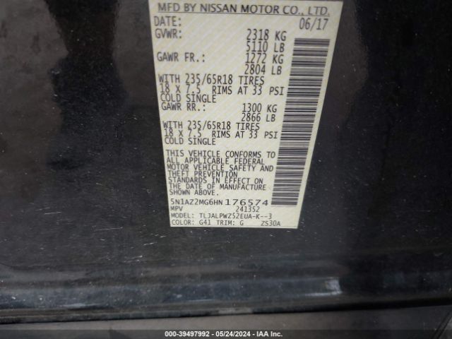 5N1AZ2MG6HN176574 Nissan MURANO S