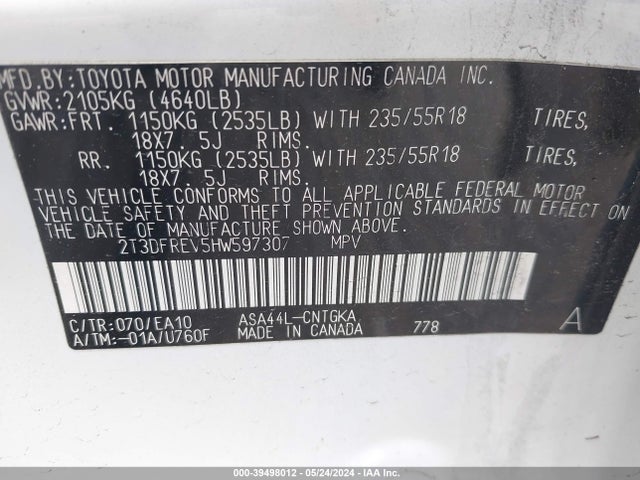 2T3DFREV5HW597307 Toyota Rav4 Platinum