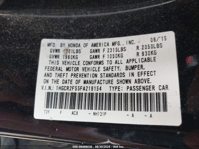 Honda Accord Sport 2015 1HGCR2F55FA219154 Image 9