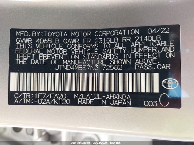 Toyota COROLLA SE 2022 JTND4MBE7N3172582 Image 9