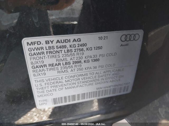 WA14AAFY6N2027307 Audi Q5 Sportback Premium 45 Tfsi S Line Quattro S Tronic