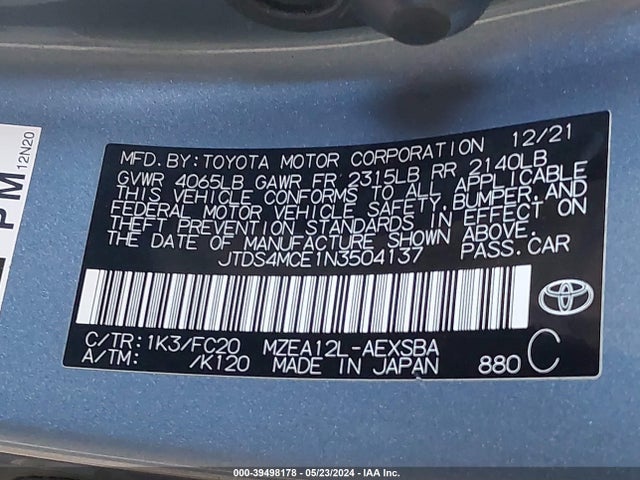 Toyota COROLLA SE 2022 JTDS4MCE1N3504137 Image 9