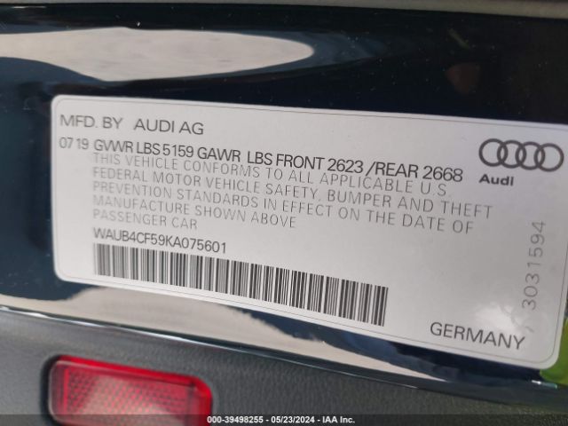 WAUB4CF59KA075601 Audi S5 3.0t Premium