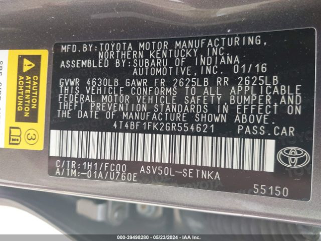 4T4BF1FK2GR554621 Toyota CAMRY LE