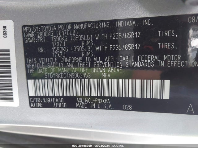 Toyota SIENNA XLE 2021 5TDYRKEC4MS065153 Image 9