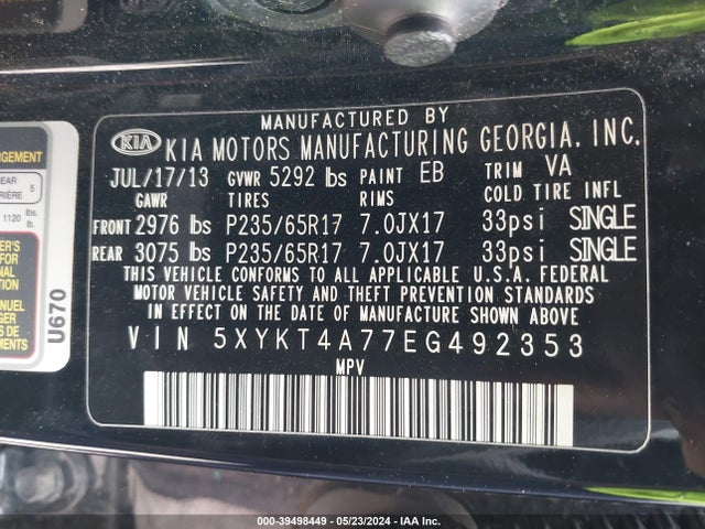 KIA Sorento Lx V6 2014 5XYKT4A77EG492353 Image 9
