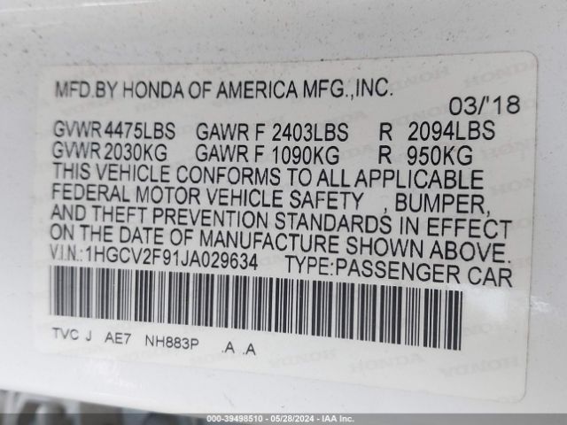 1HGCV2F91JA029634 Honda Accord Touring 2.0t