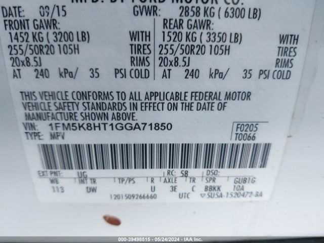 1FM5K8HT1GGA71850 Ford Explorer Platinum