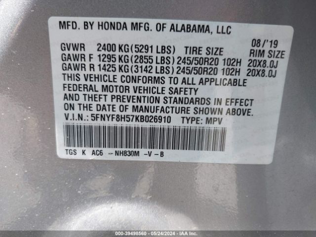 5FNYF8H57KB026910 Honda Passport Ex-l