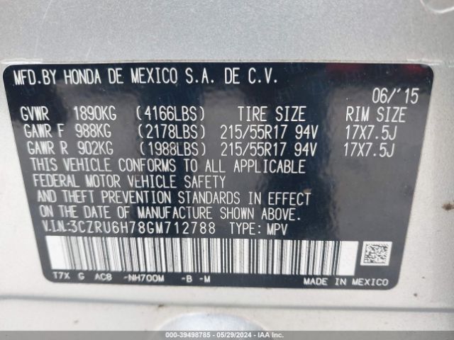 3CZRU6H78GM712788 Honda Hr-v Ex-l