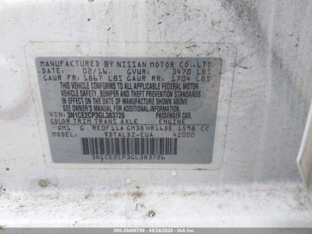 3N1CE2CP3GL383726 Nissan Versa Note S (sr)/s Plus/sl/sr/sv