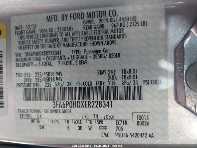 Ford FUSION SE 2014 3FA6P0HDXER228341 Image 9