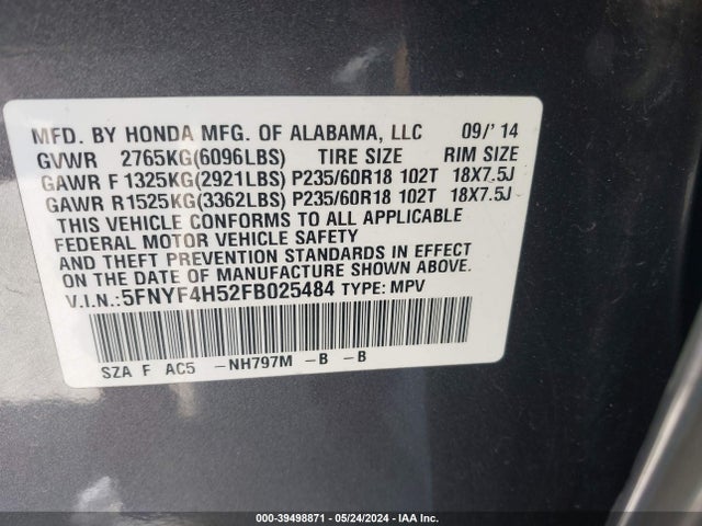 Honda Pilot Ex-l 2015 5FNYF4H52FB025484 Image 9