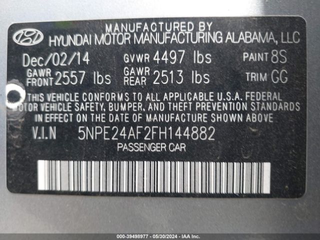 5NPE24AF2FH144882 Hyundai SONATA SE