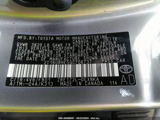 2T1BURHE5GC706737 Toyota COROLLA LE